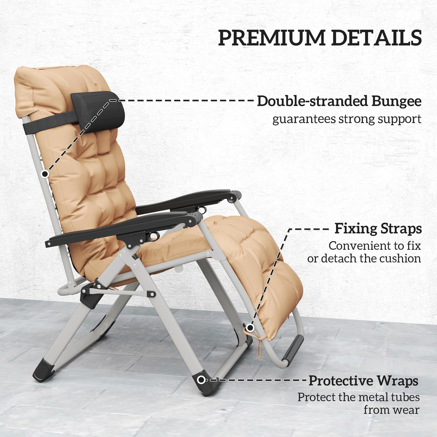 2 Piece Reclining Zero Gravity Sun Loungers with Cushions, Khaki