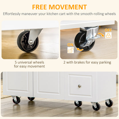 Kitchen Island on Wheels, Rolling Kitchen Storage Trolley with Drop Leaf, Drawers, Towel and Spice Rack, White