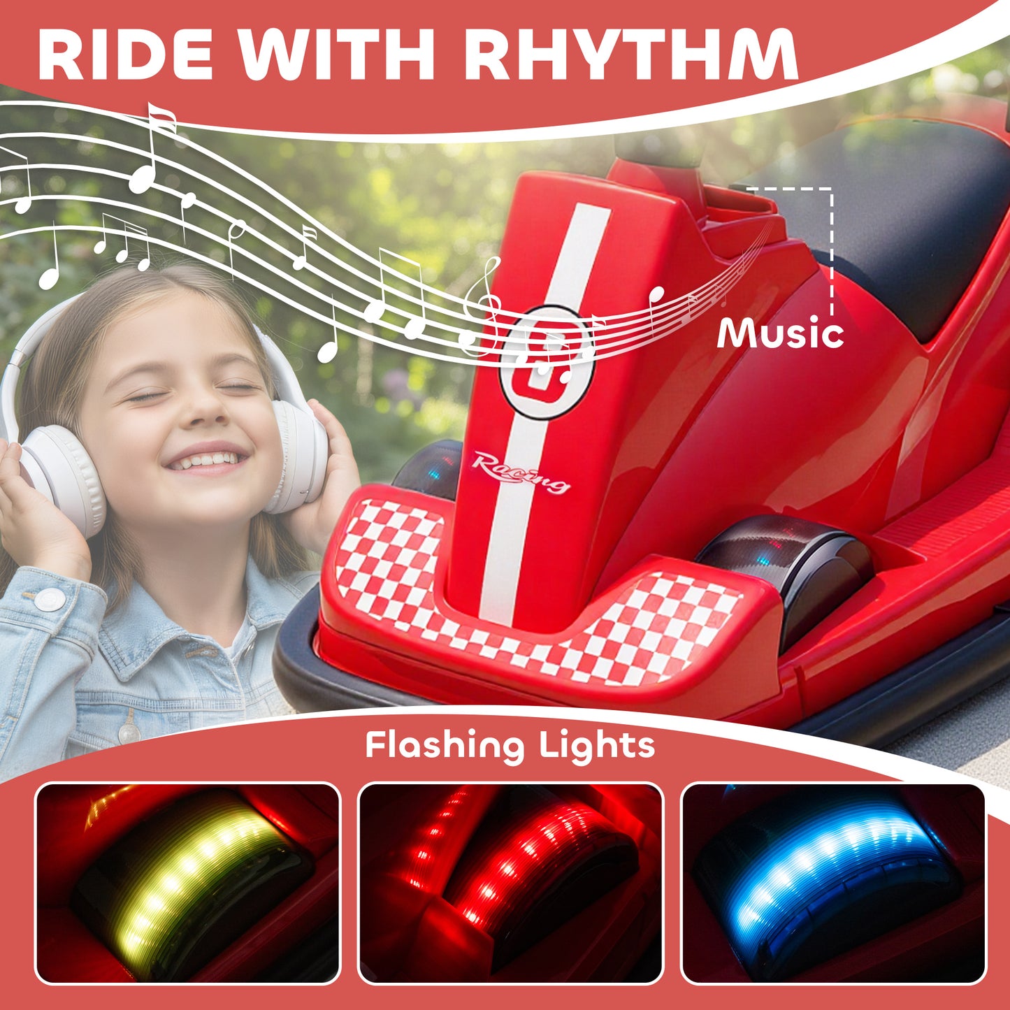 Kids Bumper Car, 360° Rotation Spin Electric Walzer Car with LED Lights, Music for Ages 3-8 Years Old, Red