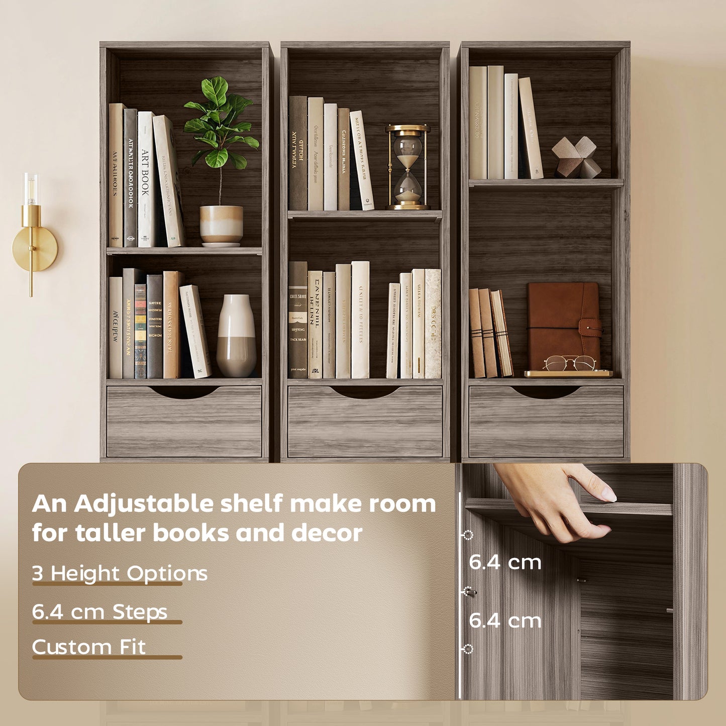 Bookcase with Drawers Adjustable Shelf Bookshelf with 2 Drawers and Cabinet 158 cm Grey