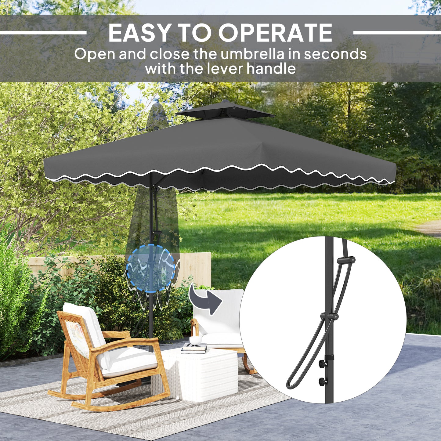 2.5m Cantilever Parasol with Easy Lever, Square Double Top Garden Parasol Umbrella with Ruffles and Cross Base