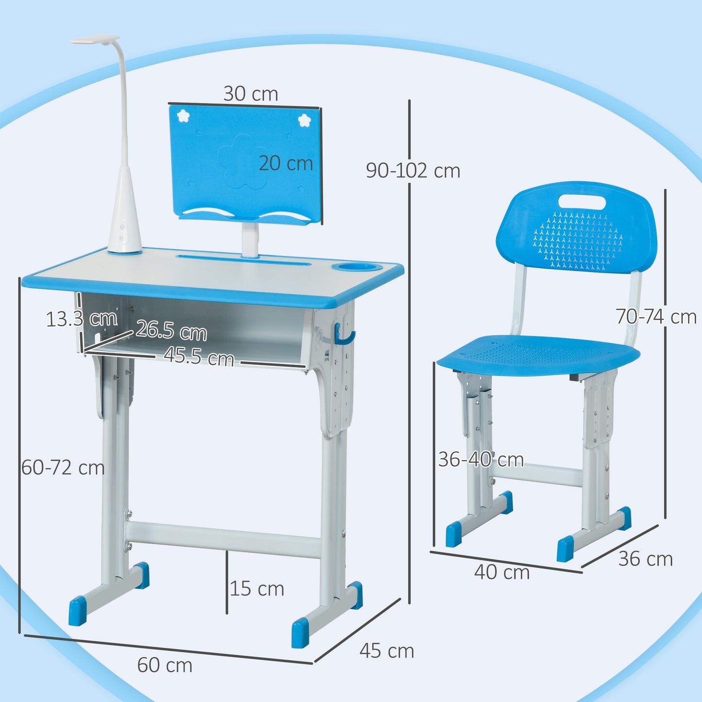 Kids Desk and Chair Set Adjustable Height Study Table Set with Drawer, Book Stand, Pen Slot - Blue