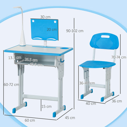 Kids Desk and Chair Set Adjustable Height Study Table Set with Drawer, Book Stand, Pen Slot - Blue