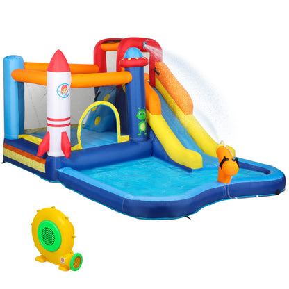 5 in 1 Bouncy Castle for Children with 550W Blower, Water Slide, Splash Pool, Jumping Area, Climbing Wall, Cannon