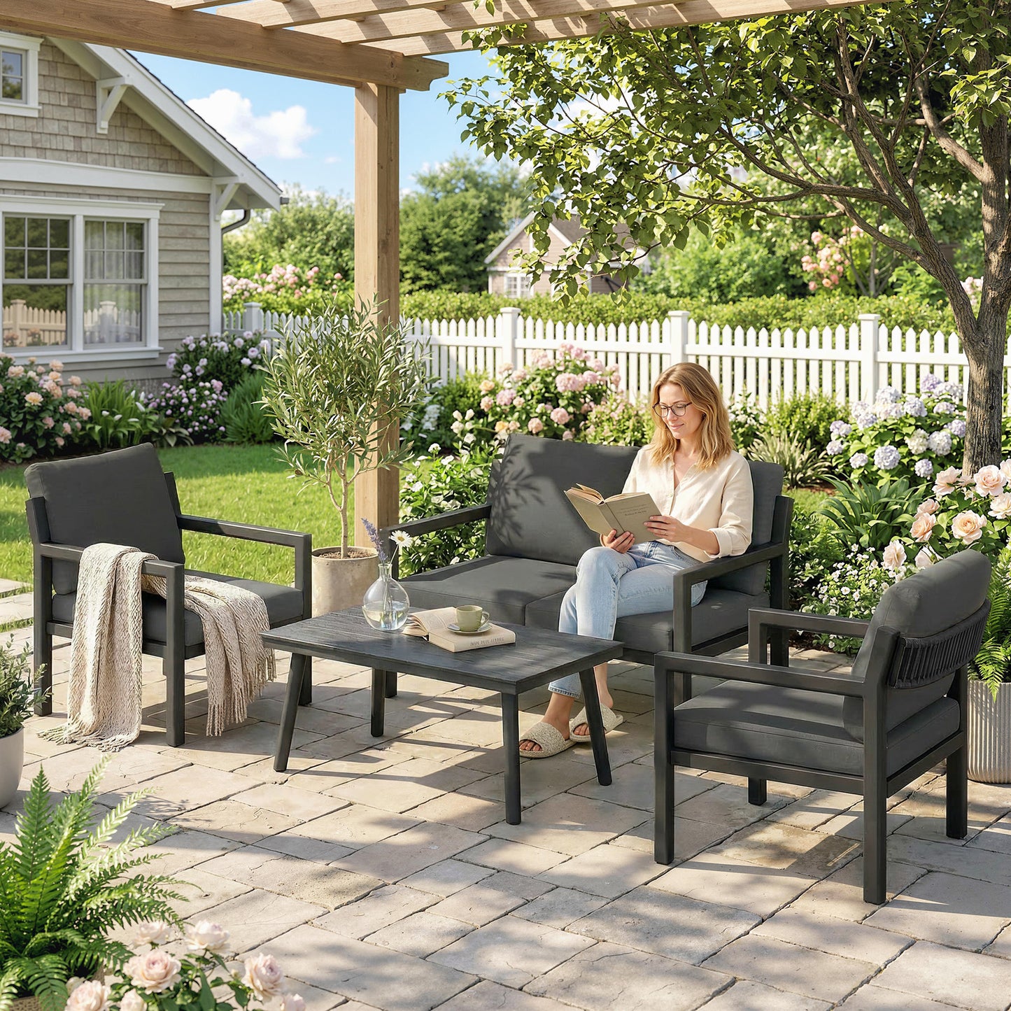 4 Seater Rattan Garden Furniture Set with 2 Armchairs, Loveseat, Coffee Table, Dark Grey