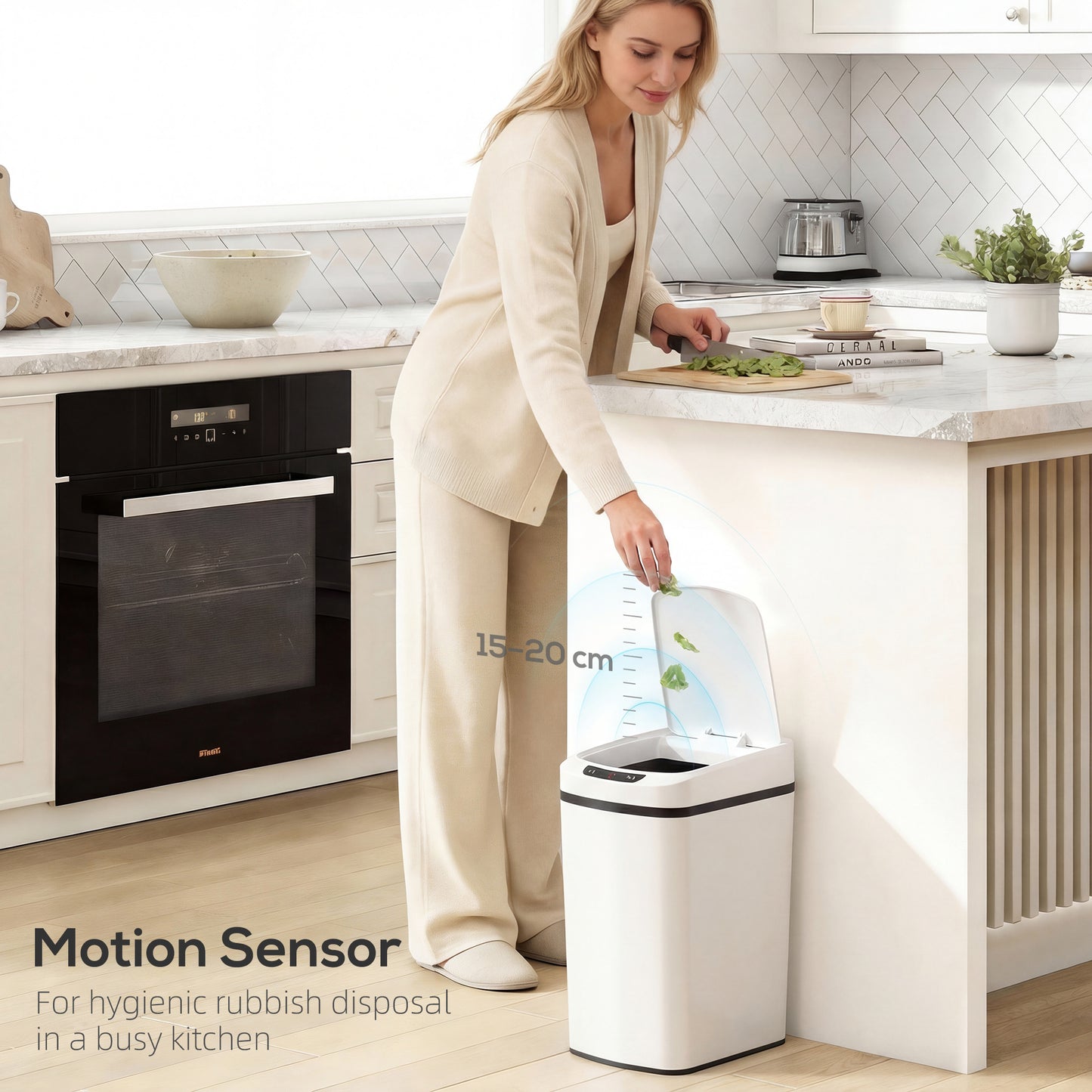 12L Sensor Bin, Automatic Touchless Motion Sensor Kitchen Bin with Fingerprint Resistant Stainless Steel, White