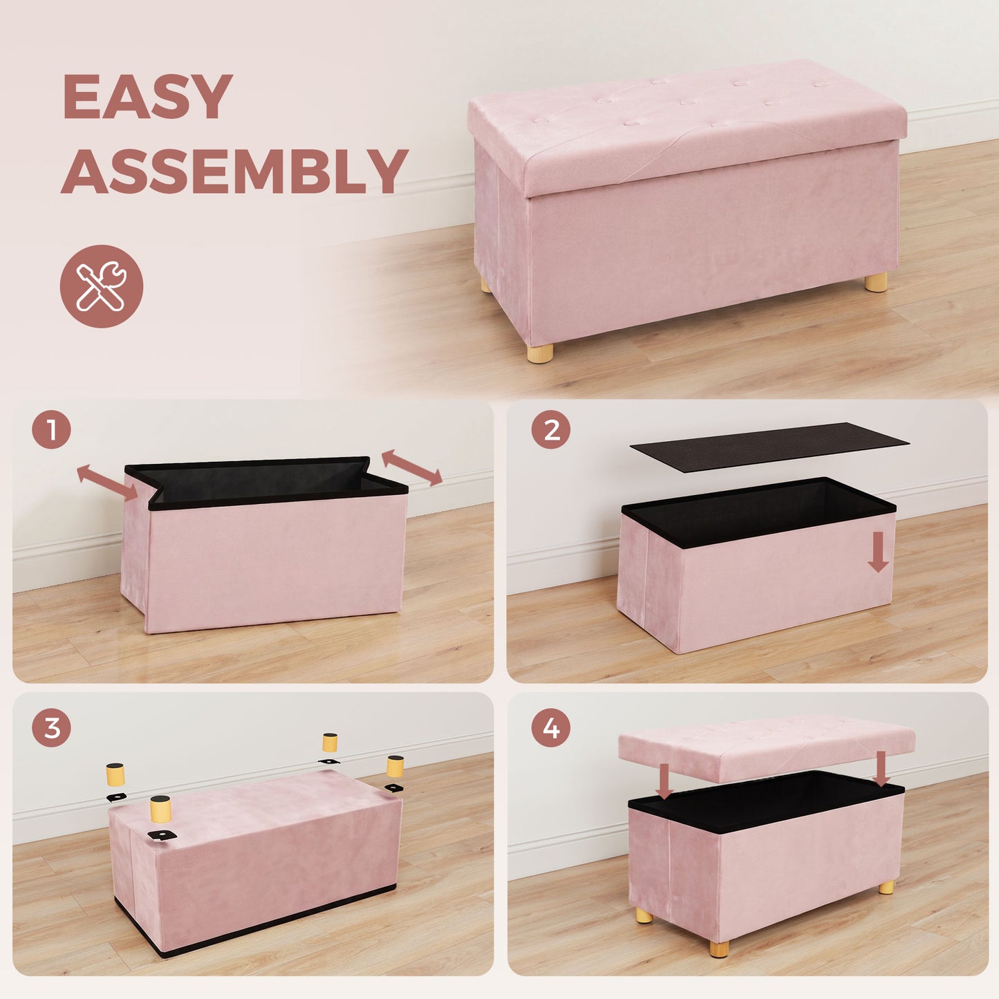 Velvet Upholstered Foldable Ottoman Footrest, Storage Ottoman Bench with Wood Legs for Living Room, Pink
