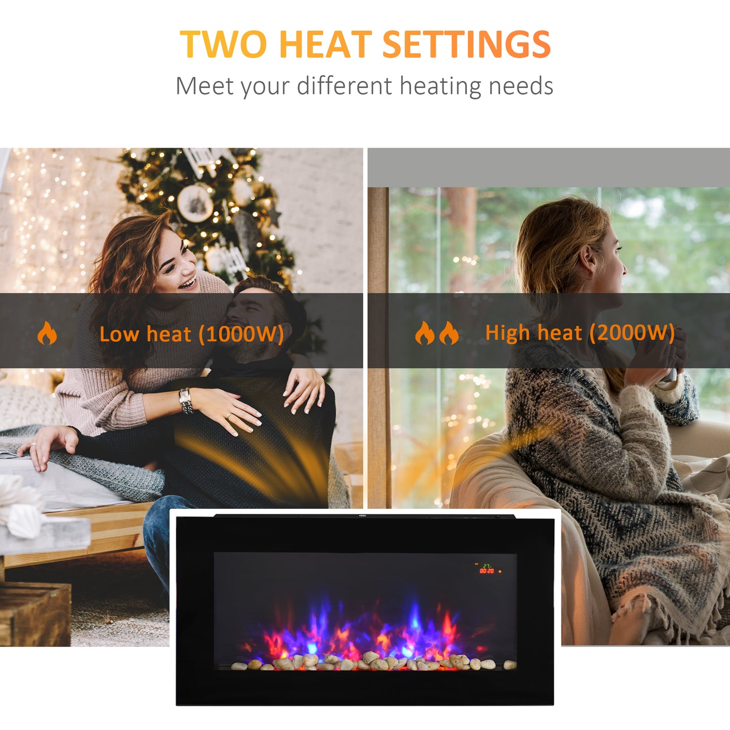 LED Wall Mounted Fireplace Curved Glass Electric Fire Place for Living Room, 1000W/2000W, 48H x 90.8W x 11.5Dcm, Black
