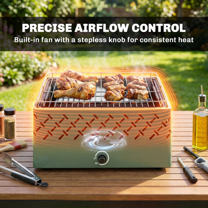 Portable Charcoal BBQ Grill, Battery Powered Barbecue Grill with Built-in Fan for Camping Picnic, Light Green