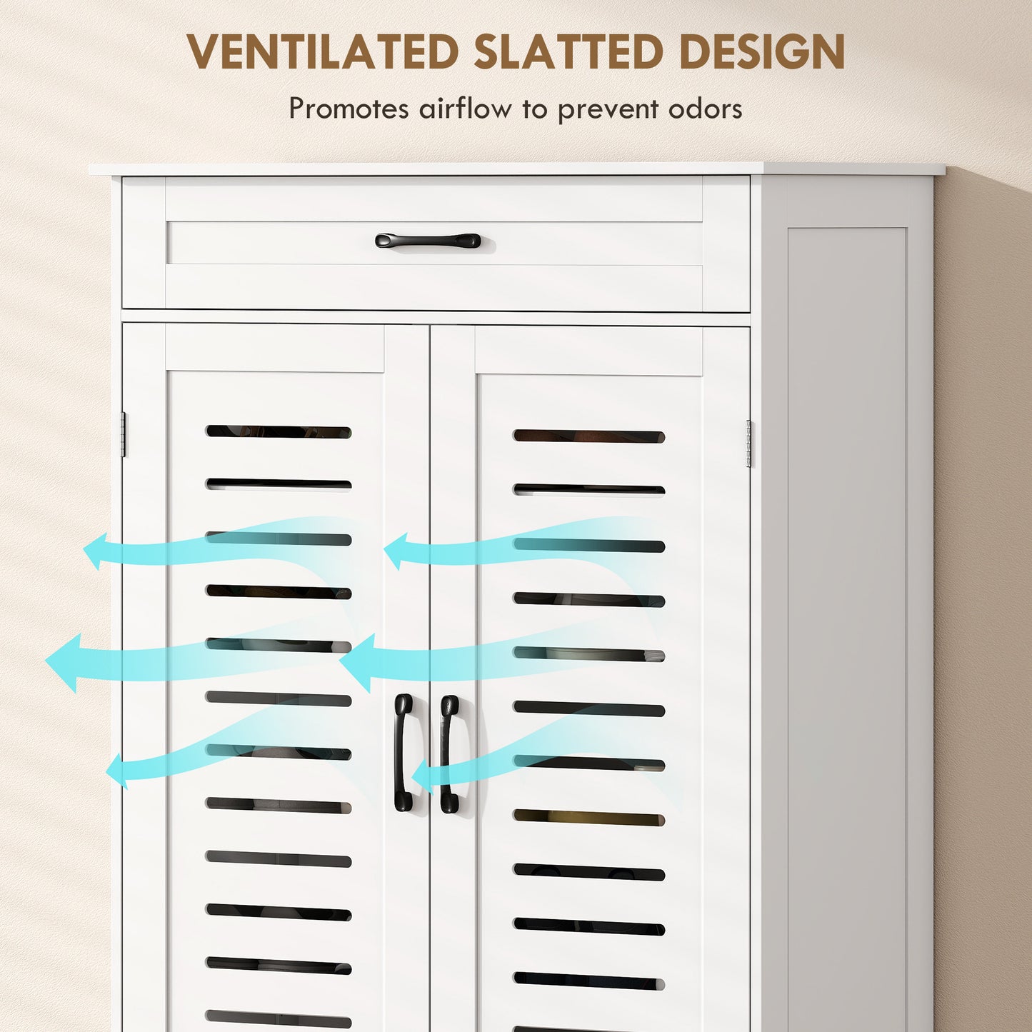Shoe Cabinet with Louvered Doors, Modern Shoe Storage Cabinet with Drawer and Adjustable Shelves, White