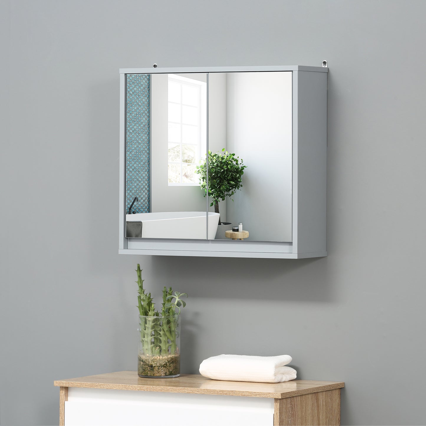 Wall Mounted Mirror Cabinet with Storage Shelf Bathroom Cupboard Double Door Grey