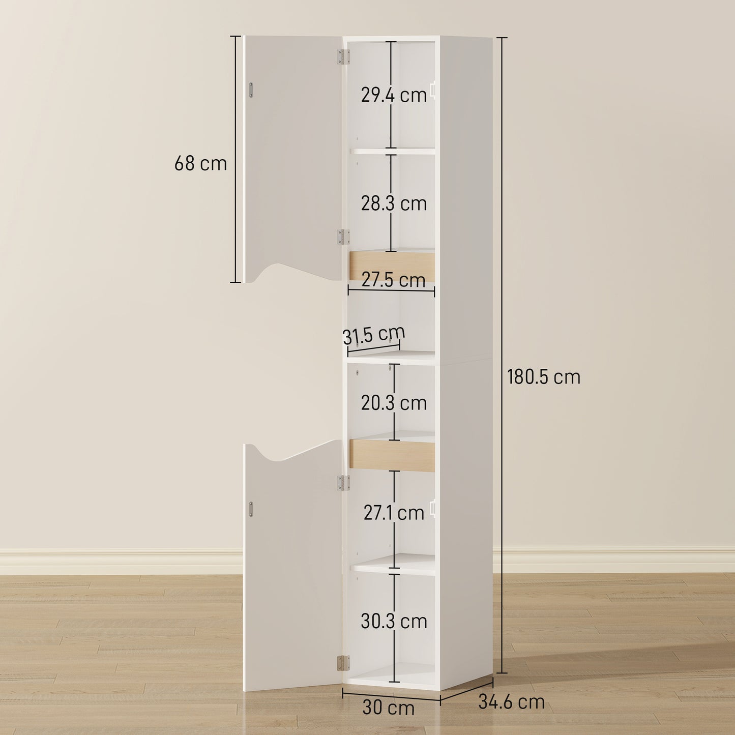 Tall Slim Bathroom Cabinet with 2 Doors, 2 Shelves - White