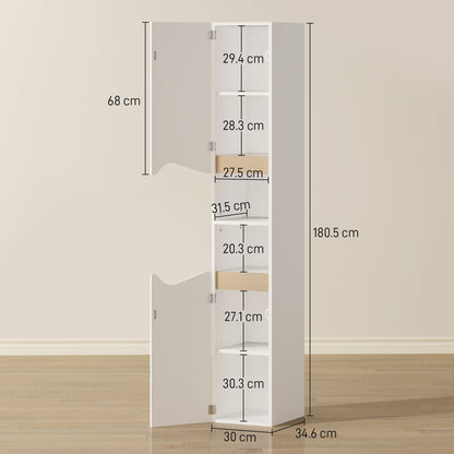 Tall Slim Bathroom Cabinet with 2 Doors, 2 Shelves - White