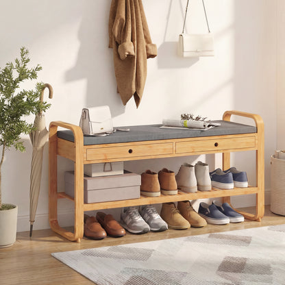 Shoe Bench with 2 Drawers Cushioned Seat Shoe Storage Bench for Hallway 105 cm Natural and Grey