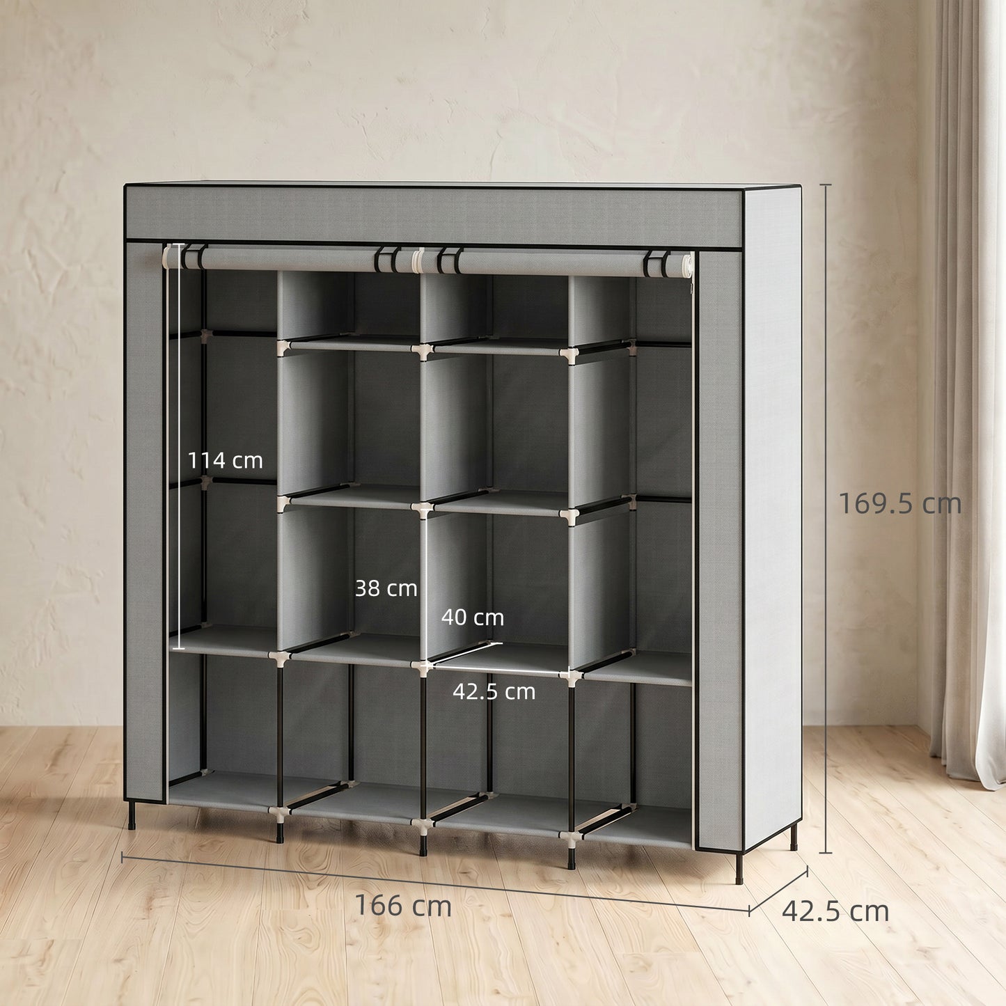 Fabric Wardrobe for Bedroom, Portable Cloth Wardrobe with 10 Compartments, 2 Hanging Rails and 4 Fabric Drawers