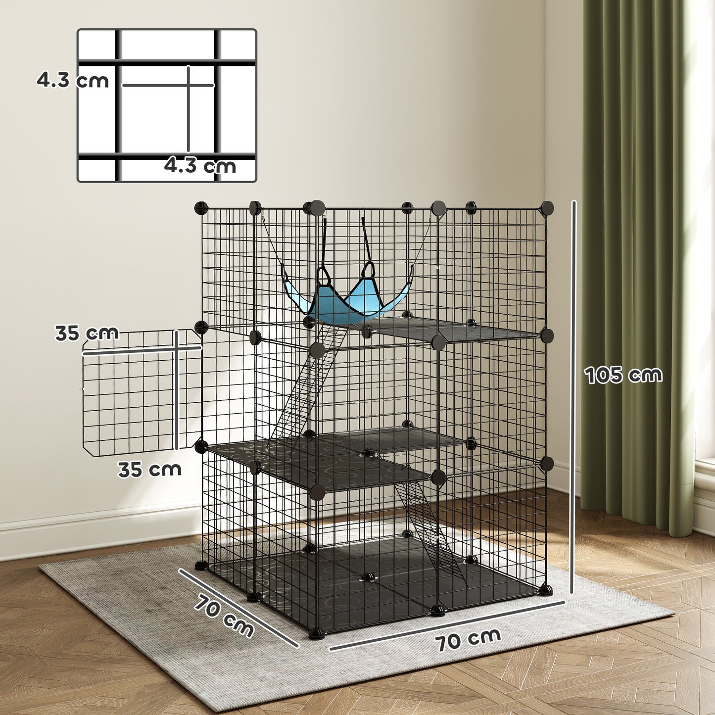Indoor Cat Cage DIY Customizable 3-Tier Indoor Cat Enclosure with 3 Doors and Hammock 105 cm Black