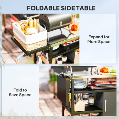 Outdoor BBQ Trolley with Foldable Side Table, Stainless Steel Top, Outdoor Kitchen with Wheels Hooks Shelves Cabinet