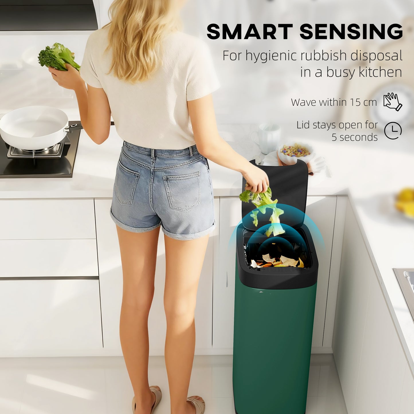 50L Sensor Bin, Automatic Kitchen Bin, Manual Override, Battery Operated, Inner-Bucket-Free, for Kitchen, Bedroom
