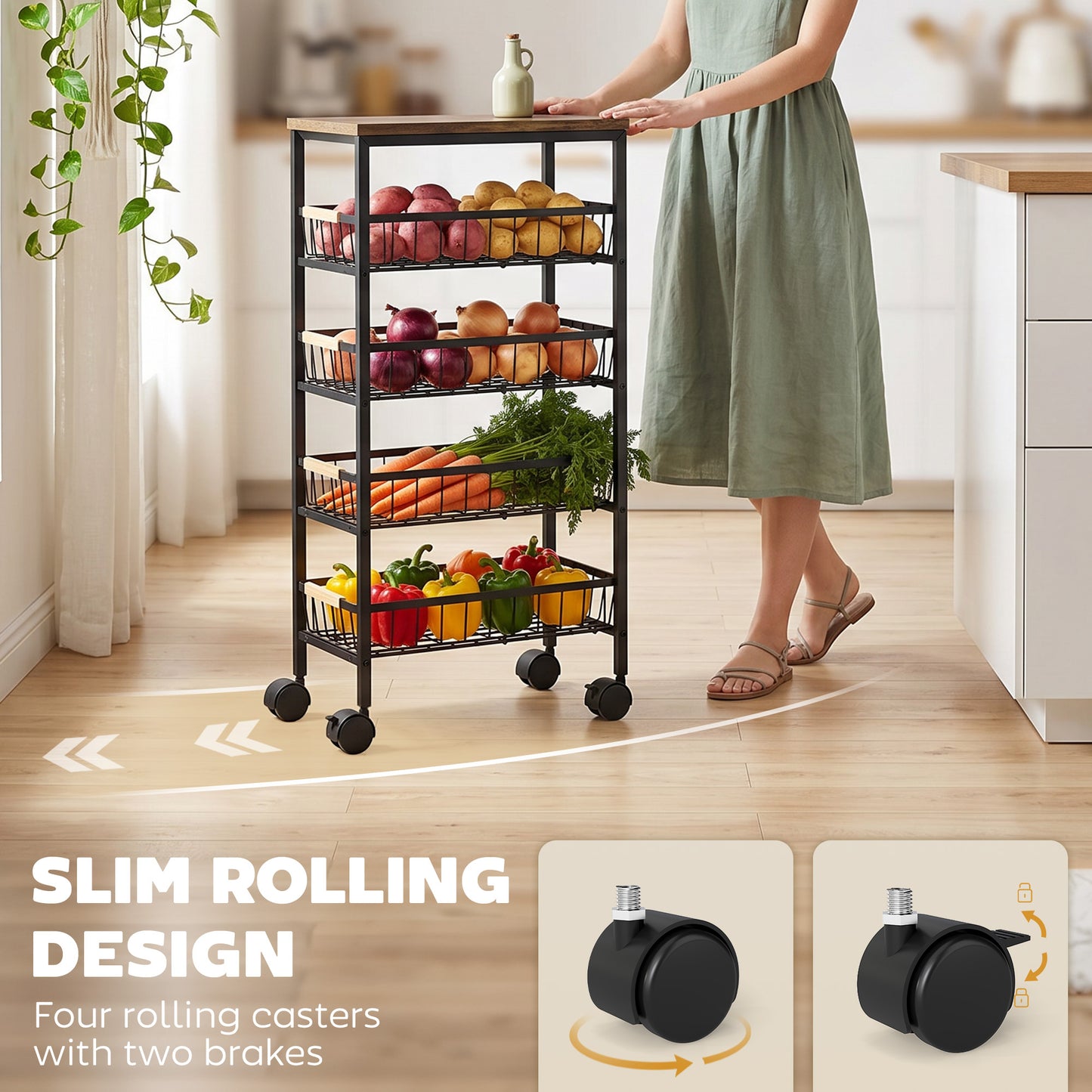 Metal Kitchen Trolley, 4-Tier Storage Trolley with Pull-Out Baskets and 4 Swivel Casters for Kitchen, Rustic Brown