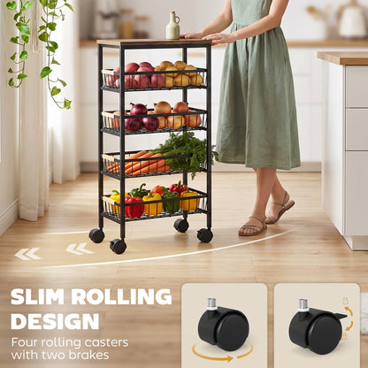 Metal Kitchen Trolley, 4-Tier Storage Trolley with Pull-Out Baskets and 4 Swivel Casters for Kitchen, Rustic Brown