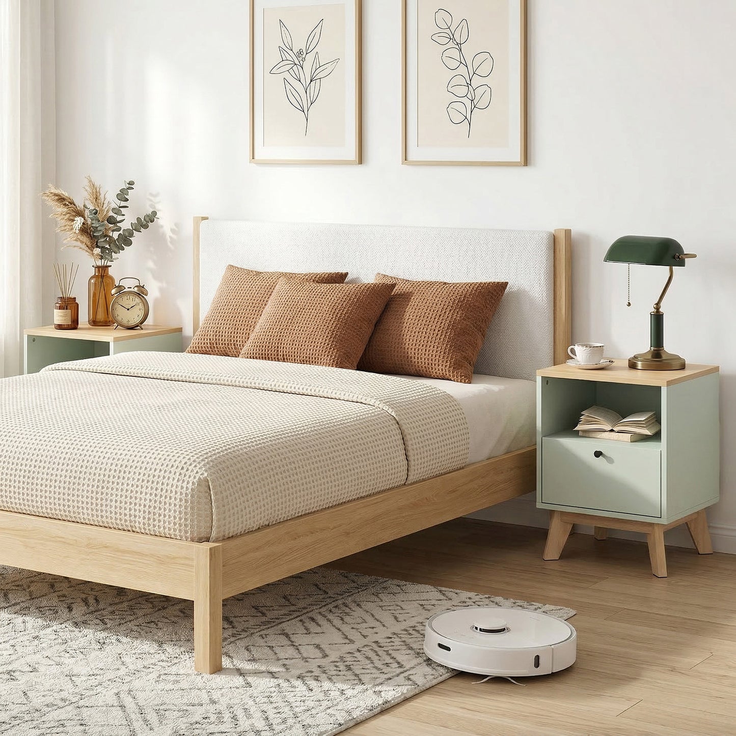 Modern Nightstand Set of 2, Bedside Table with Drawer and Open Shelf, Side End Table for Bedroom, Light Green