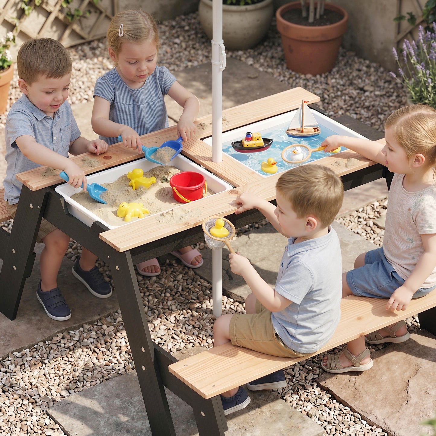 Kids Garden Furniture with Parasol, 3 in 1 Wooden Sand and Water Table with 2 Hidden Play Boxes for Patio, Ages 3-6