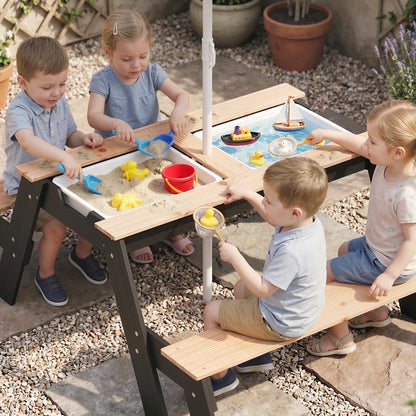 Kids Garden Furniture with Parasol, 3 in 1 Wooden Sand and Water Table with 2 Hidden Play Boxes for Patio, Ages 3-6