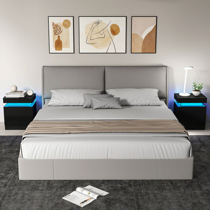 Black Bedside Table with LED Light, High Gloss Front Nightstand with 2 Drawers, for Living Room, Bedroom, Set of 2