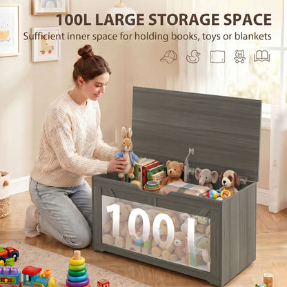 100L Home Storage Box, with Safety Hinge - Dark Grey Wood-Effect