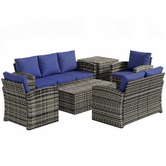 6 Pieces Rattan Garden Furniture Set, 7 Seater Wicker Outdoor Furniture Set with Storage Tea Table & Side Table