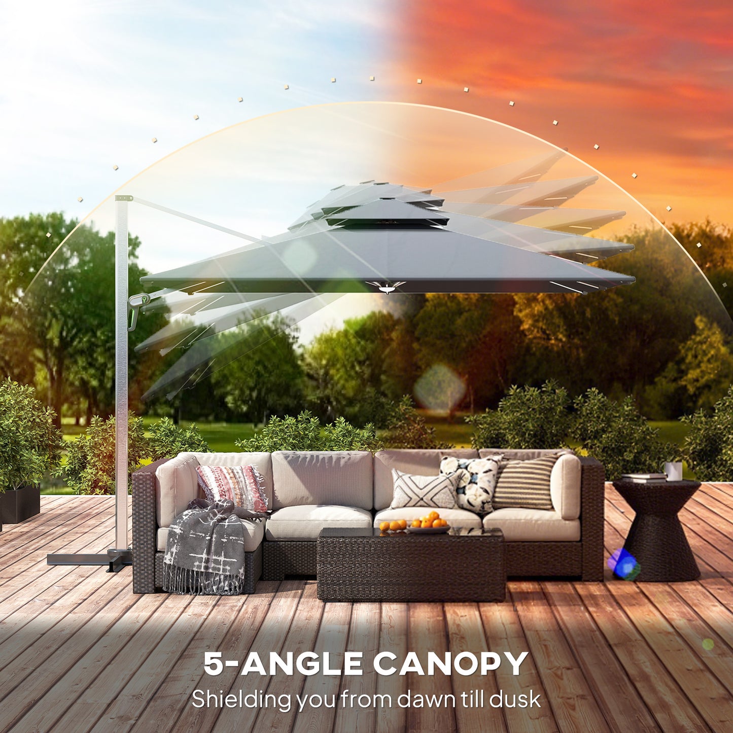 3(m) Garden Cantilever Parasol with Solar LED Lights, Cross Base, 360° Rotation, Crank Handle and Tilt, Grey