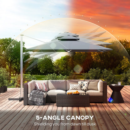 3(m) Garden Cantilever Parasol with Solar LED Lights, Cross Base, 360° Rotation, Crank Handle and Tilt, Grey