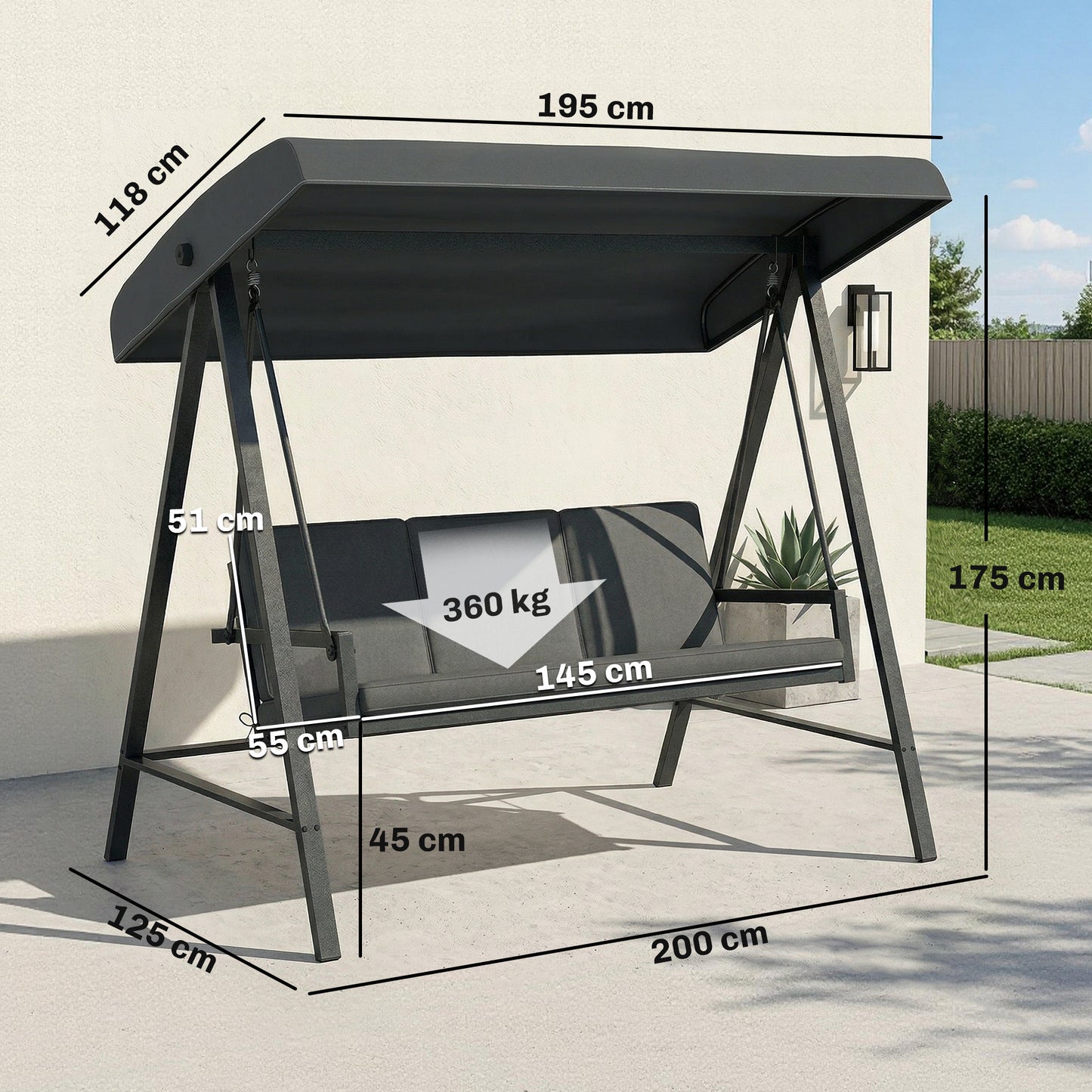 Three-Seat Garden Swing Chair, with Adjustable Canopy - Dark Grey