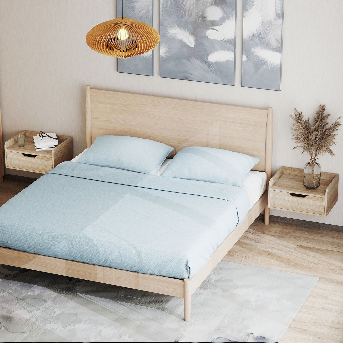 Floating Nightstands Set of 2, Wall Mounted Bedside Table with Drawer for Bedroom, Natural Wood