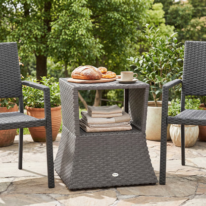 Rattan Outdoor Coffee Table, Wicker Garden Patio Bistro Side Table with Umbrella Hole and Storage Space, Dark Grey