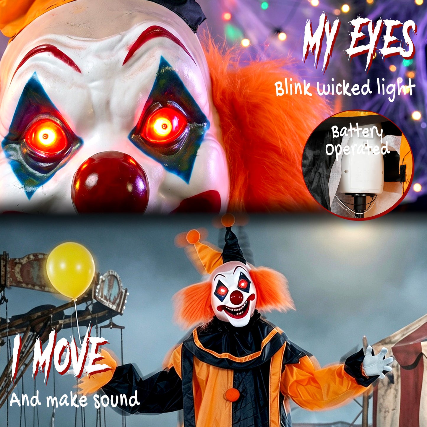 190cm Life Size Animated Clown Halloween Decoration, Scary Halloween Animatronics Decor with Sound Touch Activated