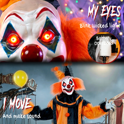 190cm Life Size Animated Clown Halloween Decoration, Scary Halloween Animatronics Decor with Sound Touch Activated