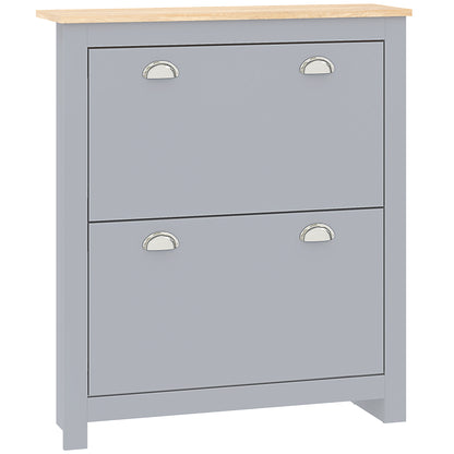 2 Drawer Shoe Cabinet Modern Narrow Shoe Cupboard Hallway Wooden Storage Organiser with Flip Doors Adjustable Shelf for 6-12