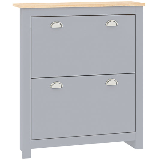 2 Drawer Shoe Cabinet Modern Narrow Shoe Cupboard Hallway Wooden Storage Organiser with Flip Doors Adjustable Shelf for 6-12