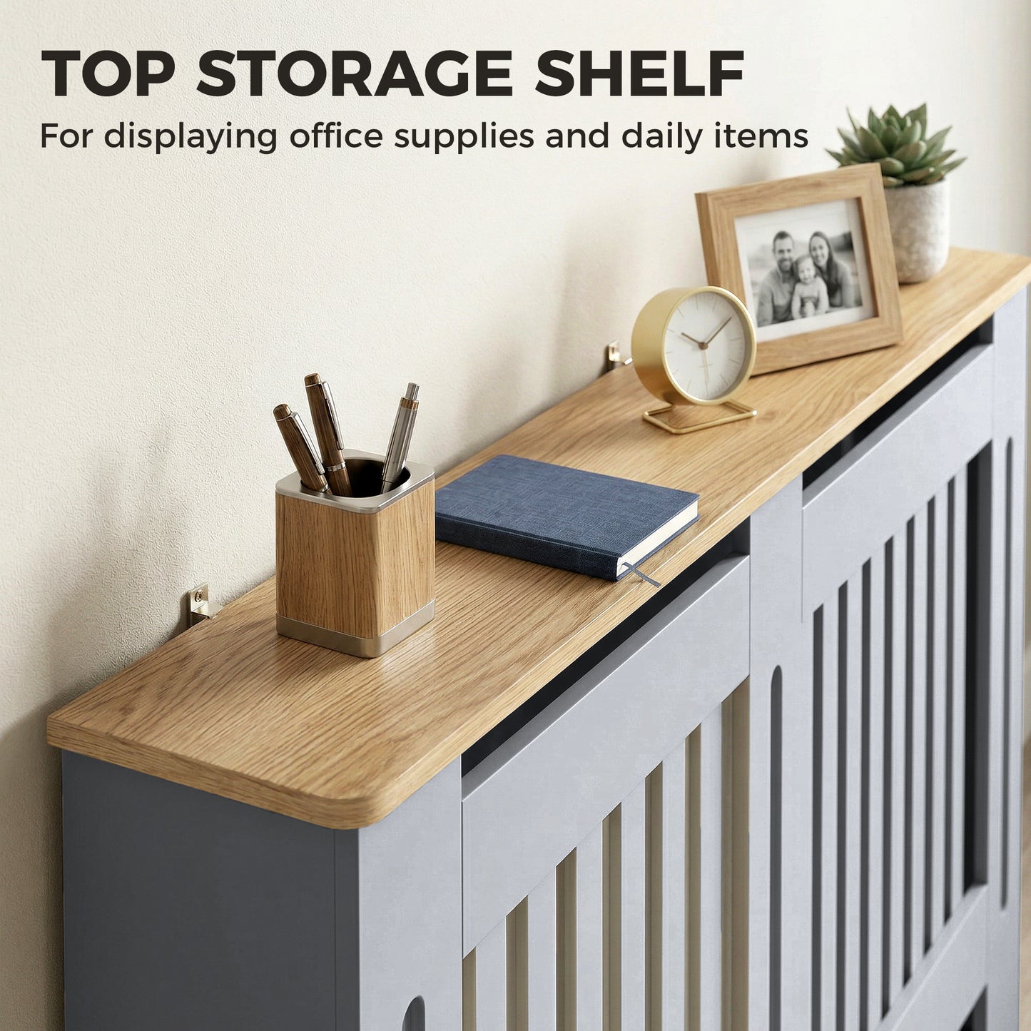 Slatted Radiator Cover, Painted Cabinet with Line Grill Design, 152L × 19W × 81H cm, Grey
