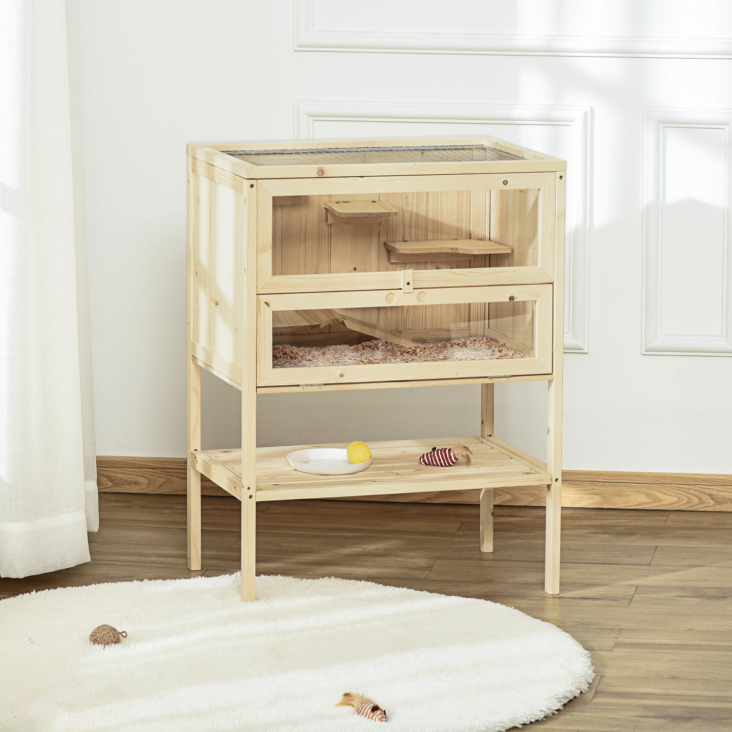 Wooden Hamster Cage with Storage Shelf, Small Animal Exercise Play House Gerbil Cage with Openable Top, Ramp for Gerbils