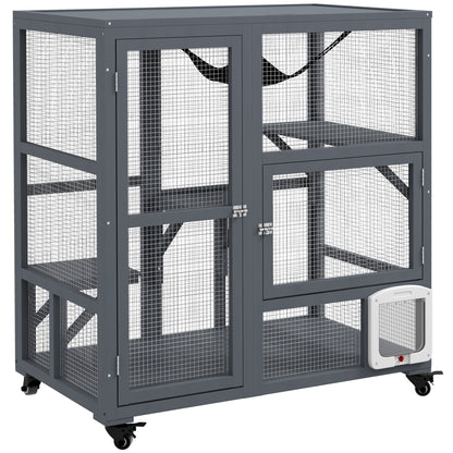 Cat House, Wooden Indoor Catio Cat Enclosure on Wheels, Wooden Kitty Cage with Platforms, Hammock, Light Grey