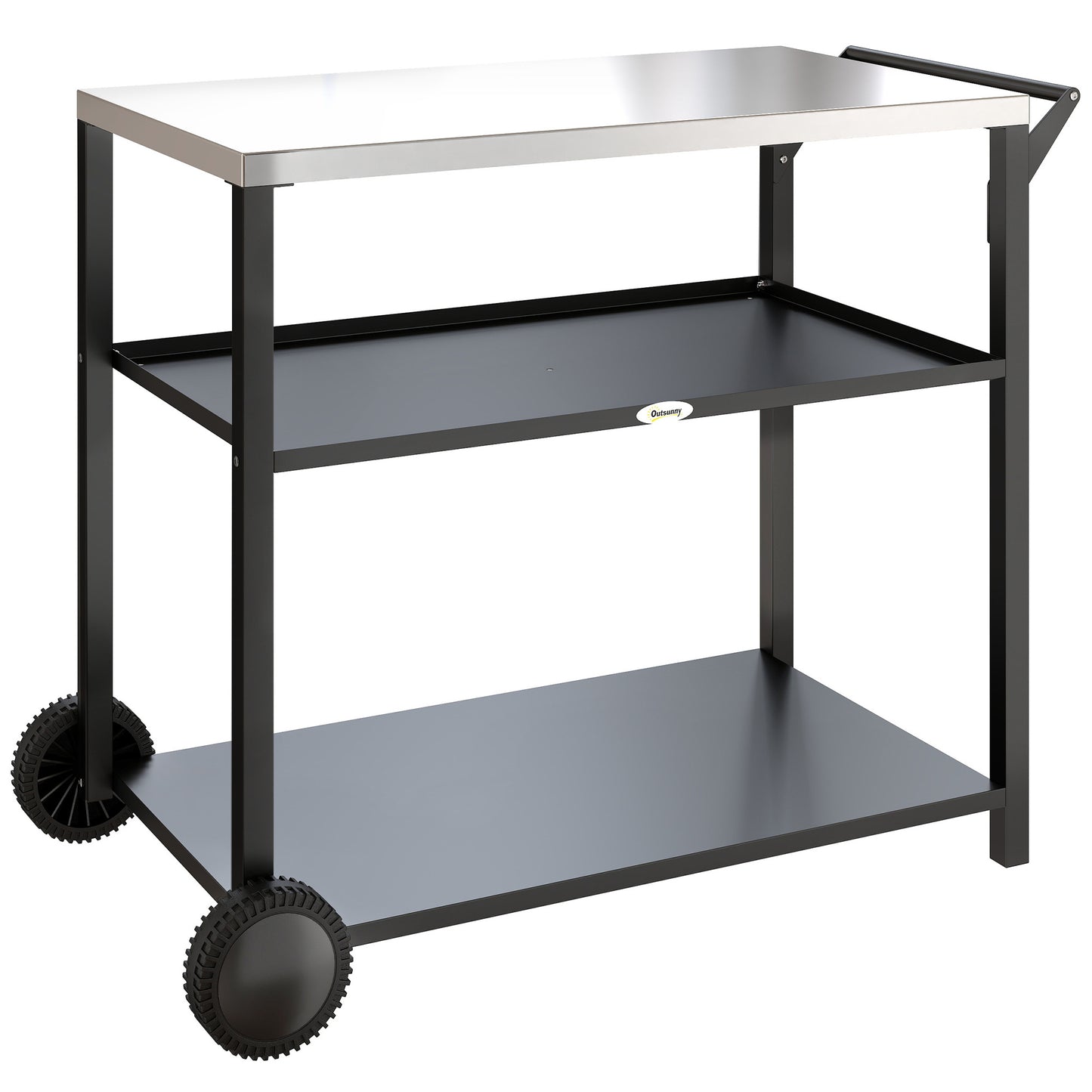Outdoor Grill Cart with Stainless Steel Tabletop for Kitchen Prep, Two-Tier Pizza Oven Stand on Wheels, Black