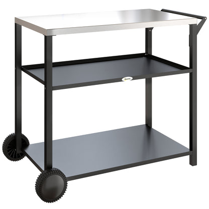 Outdoor Grill Cart with Stainless Steel Tabletop for Kitchen Prep, Two-Tier Pizza Oven Stand on Wheels, Black