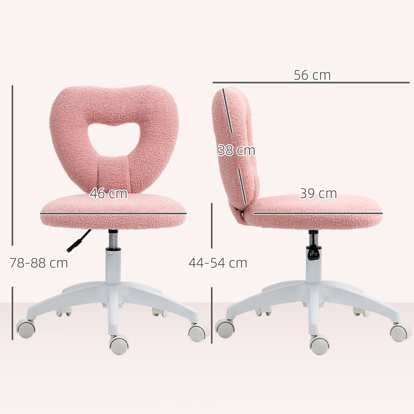 Armless Heart Computer Desk Chair, Teddy Fleece Swivel Office Chair, Makeup Vanity Chair with Height Adjustable, Wheels