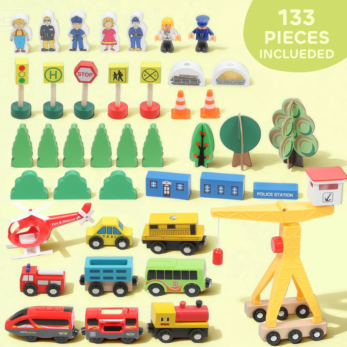 133-Piece Wooden Train Set, Toy Train with Crane, Storage Box, for Kids Ages 3+