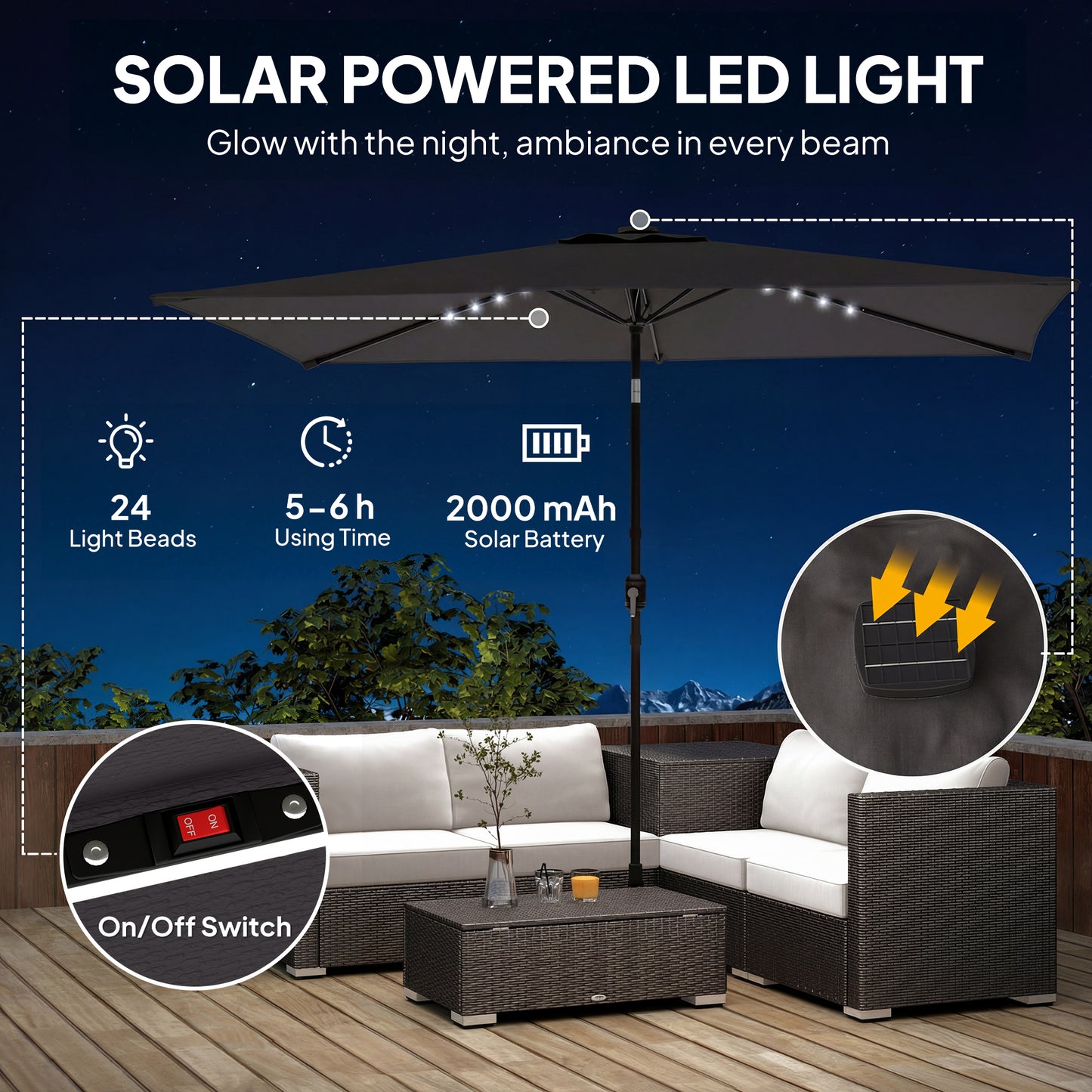 3 x 2 m Garden Parasol Umbrella with LED Solar Light, Parasol Cover, Outdoor Market Patio Umbrella, Black