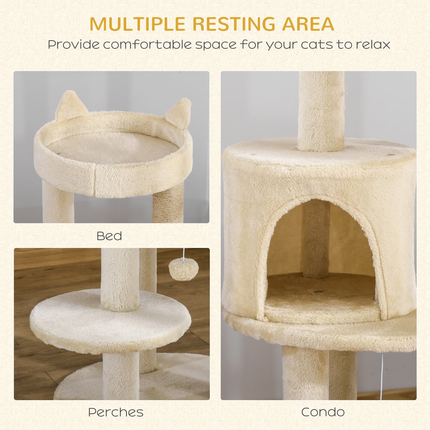 104 cm Cat Tree, Cat Condo Tree Tower, Cat Activity Centre with Scratching Posts, Plush Perches, Hanging Ball - Cream White