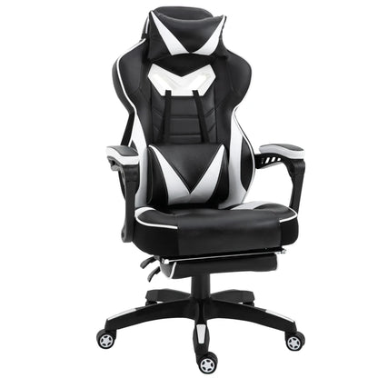 Computer Gaming Chair with Lumbar Support and Footrest - Black / White