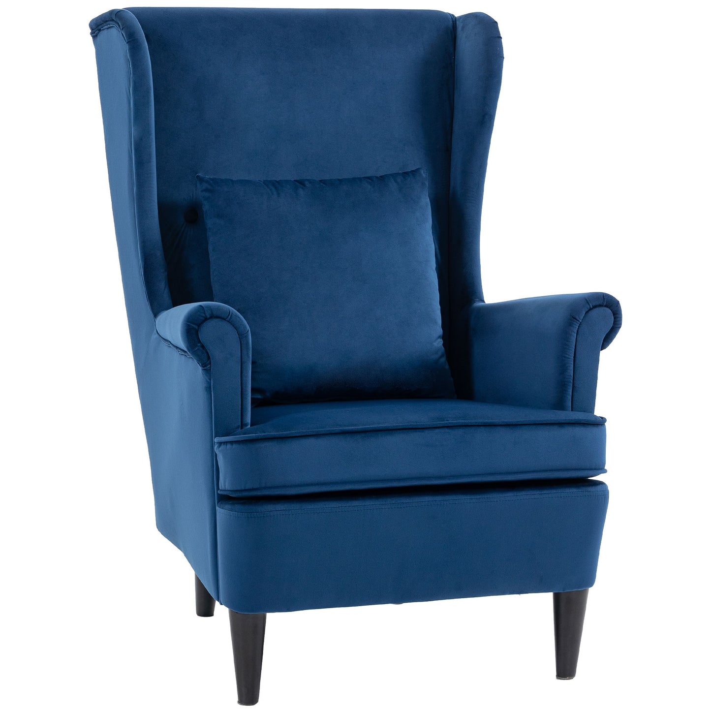 Modern Accent Chair with High Backrest and Pillow, Velvet-Feel Fabric Reading Chair with Solid Wood Legs, Blue